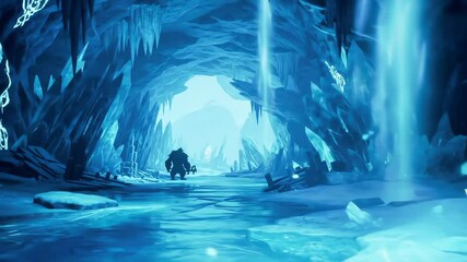 Icy cavern with a shadowy ogre figure crystalline formations and a beam of light