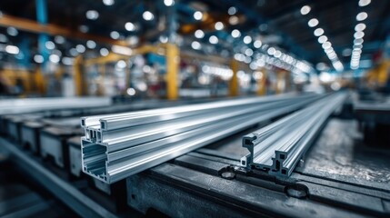 Long aluminum extrusion profile in factory setting with industrial lighting and equipment.