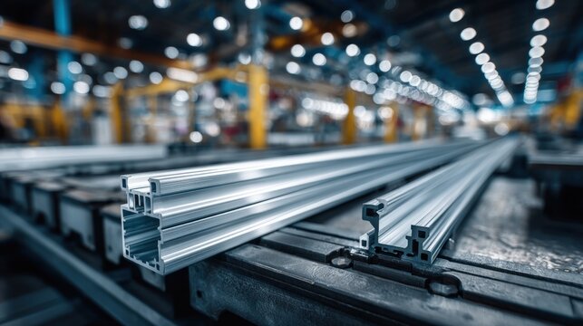 Long aluminum extrusion profile in factory setting with industrial lighting and equipment.