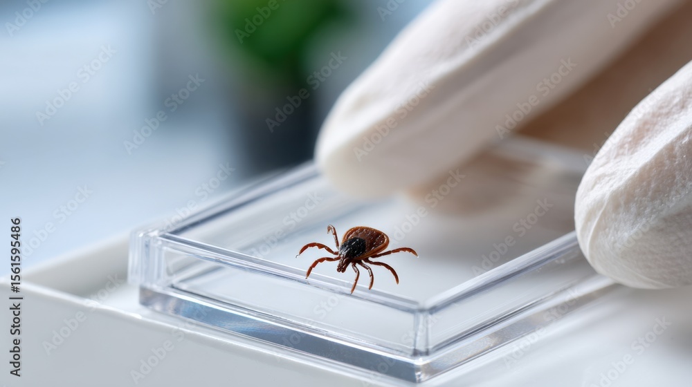 Poster close-up of a tiny detailed tick insect on transparent lab slide with gloved hand in background.