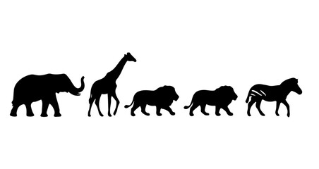 Silhouette depiction of an elephant, giraffe, two lions, and a zebra standing in a row on a white background