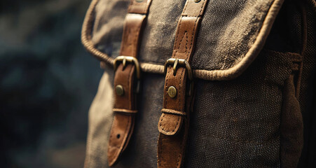 Vintage canvas backpack with leather straps and brass buckles, showcasing rugged texture and craftsmanship, ideal for outdoor adventures and travel enthusiasts