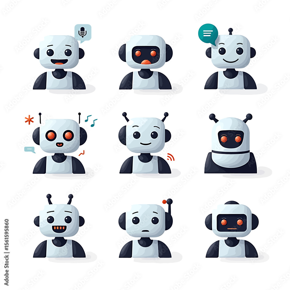 Poster collection of nine unique robot avatars expressing diverse emotions, ideal for websites, apps, and d