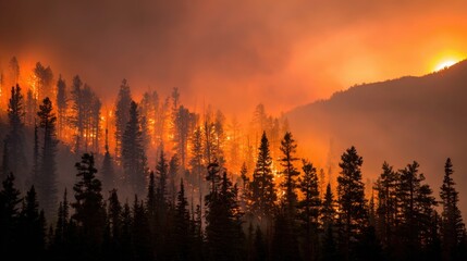 Obraz premium Majestic mountain landscape with dense forest and fiery orange sunset sky.