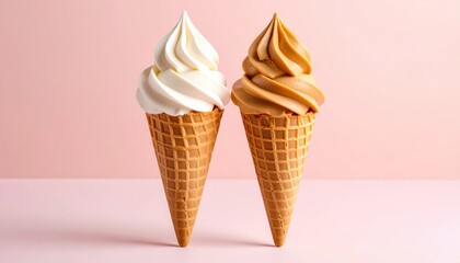Two ice cream cones featuring vanilla and caramel flavors against a soft pink background, perfect for desserts and summer treats