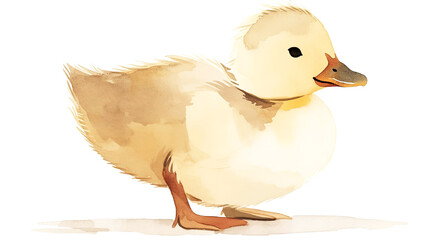 Cute watercolor illustration of a fluffy duckling standing on a soft surface, showcasing its delicate features and charming expression in a playful and vibrant style