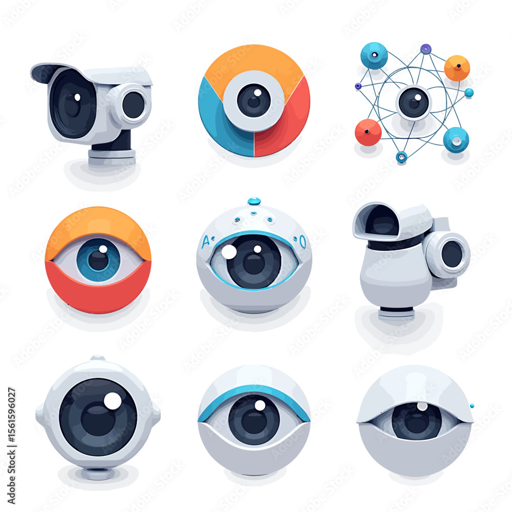 Aufkleber collection of nine unique and colorful 3d rendered icons representing different types of cameras and