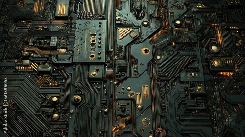 Poster close-up of intricate electronic circuit board with complex components and pathways.