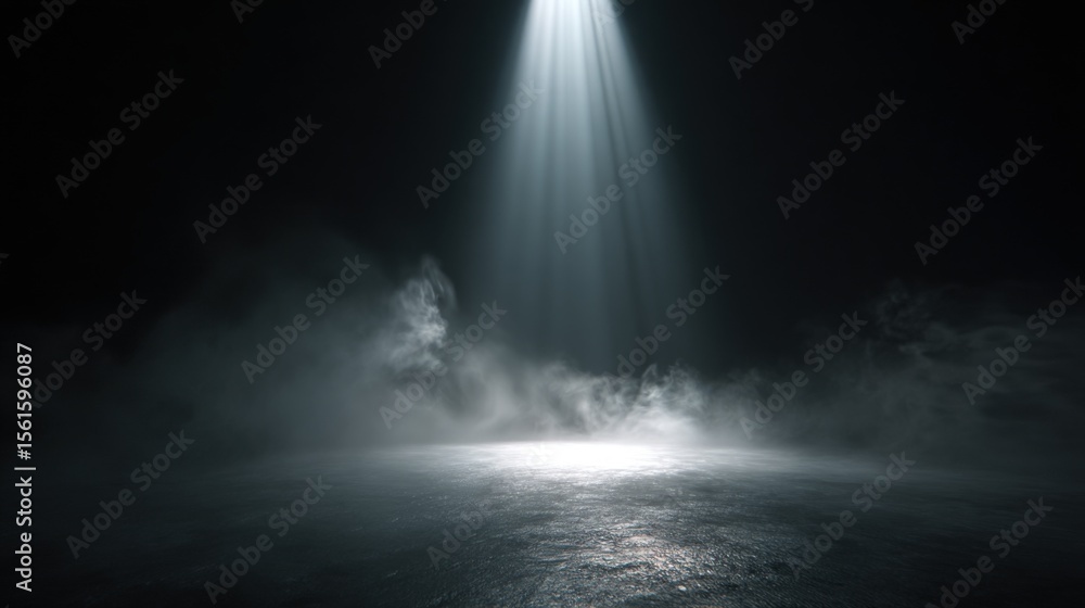 Poster dark scene with mist and focused spotlight shining down creating mysterious atmosphere.