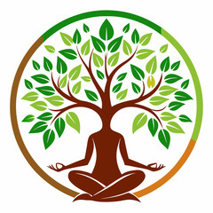 green spring tree with female face and roots on white background, vector, Abstract Human tree logo. Unique Tree Vector illustration with circle and abstract woman shape.