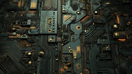 Fototapeta premium Close-up of intricate electronic circuit board with complex components and pathways.
