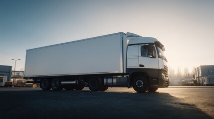 Large white cargo truck parked outdoors during sunset with industrial background.