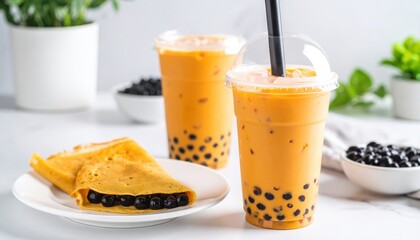 Refreshing bubble tea served with a mango pancake on a white plate, featuring a light background and green plants