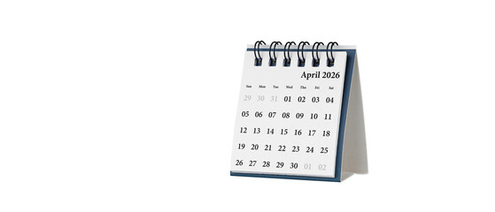 Desktop calendar for April 2026 in white colour. Mini planner for business and finance, spiral view...