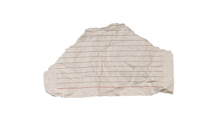 A torn crumpled lined paper with a red line on a white background suits notes and creative...