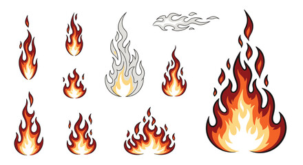 Collection of Stylized Flames and Fire Elements in Various Shapes and Sizes Perfect for Graphic Design Projects