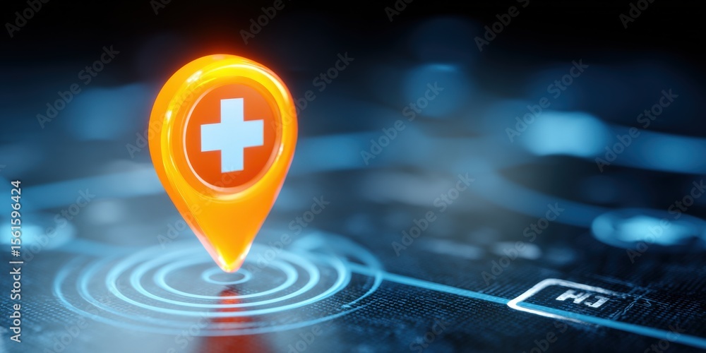 Poster modern digital map with glowing location marker on a futuristic interface design.