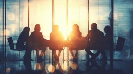 Obraz premium Business team silhouetted meeting around conference table at sunrise in modern office.