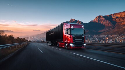 Obraz premium Modern red semi truck driving on highway during sunset with mountains and city in background.