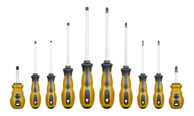 Set of Philips and flathead screwdrivers Brown color on isolated white background close-up