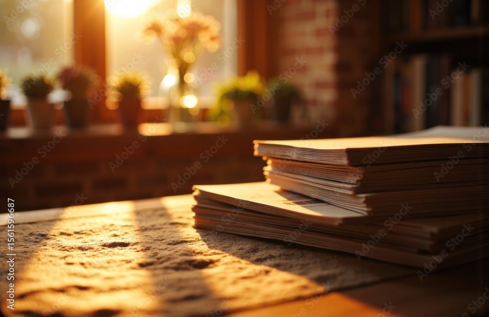 Poster stack of books on wooden table with warm sunlight streaming through window, creating cozy and inviti