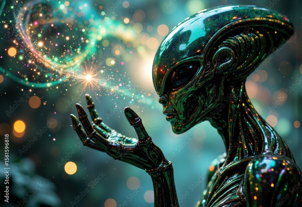 Poster futuristic alien robot with glowing cosmic energy emanating from its hand in a sci-fi setting