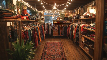 Naklejka premium Cozy Indoor Vintage Clothing Store with Warm Lighting and Wooden Shelves