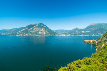 Panorama of Lake Como and the town of Varenna, photographed at the Baluardo di Varenna