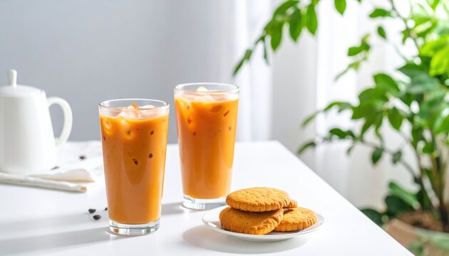 Refreshing iced Thai tea served in tall glasses with ice, accompanied by homemade cookies, surrounded by lush green plants