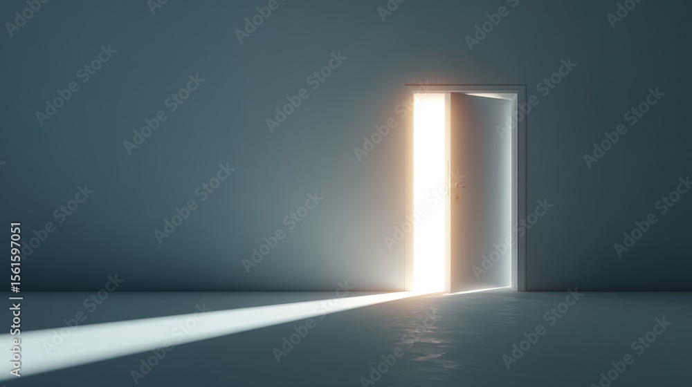Aufkleber long illuminated open door glowing with bright light in dark empty room with shadows.
