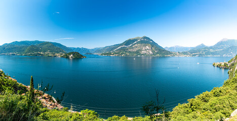 Panorama of Lake Como and the town of Varenna, photographed at the Baluardo di Varenna