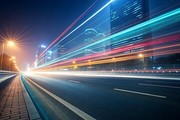 Obraz premium City Street at Night with Light Trailing Car Headlights