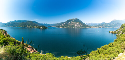 Panorama of Lake Como and the town of Varenna, photographed at the Baluardo di Varenna