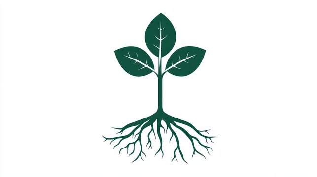 minimalist line art icon of a plant with three leaves above ground and branching roots below ground, split 