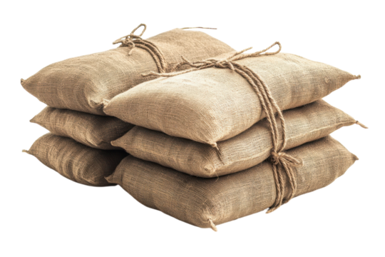 Burlap sacks stacked tight bound with twine brown natural hessian texture vintage agriculture cargo