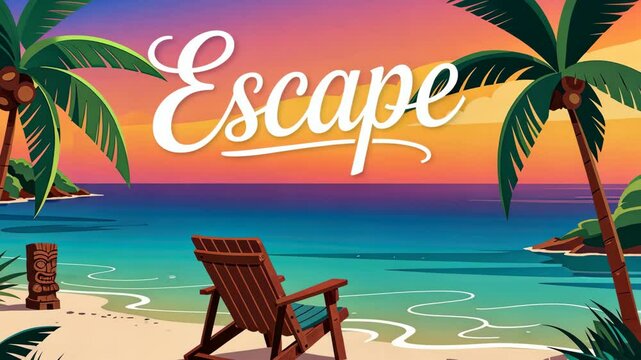 Wooden beach chair invitingly sits on sandy shore with tiki statue, overlooking tranquil ocean.