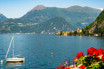 Panorama of Lake Como and the town of Varenna, photographed at the Baluardo di Varenna