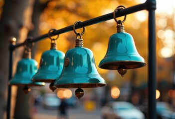 Three turquoise bells hanging outdoors with a blurred autumn background