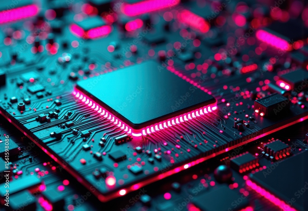 Poster close-up of a computer motherboard with a glowing central processing unit illuminated in pink and bl