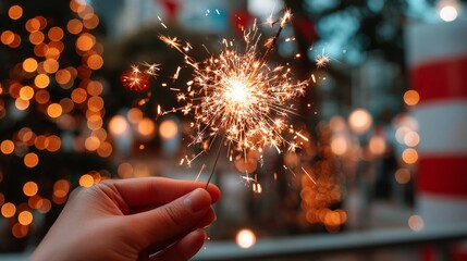 Hand holding a bright sparkler against a festive bokeh background - celebration