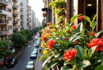 Bright red flowers and green leaves bloom on a balcony overlooking a city street