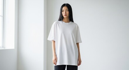 A model wearing an oversized white t-shirt, Mockup Oversized T-Shirt
