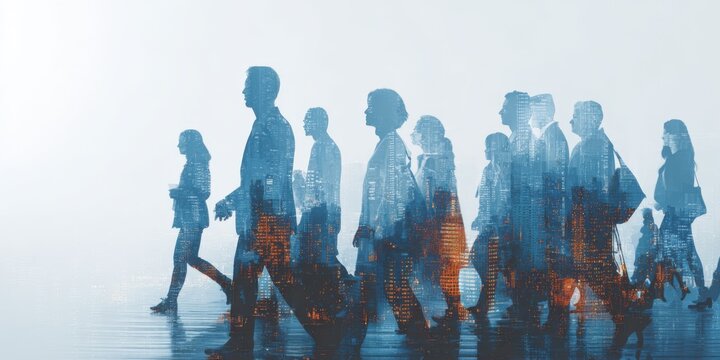 Diverse group of business professionals walking with briefcases and backpacks in a modern city.