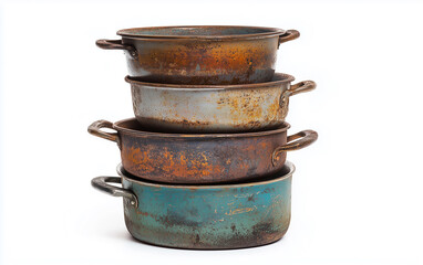 Stack of four old and rusty cooking pots on a white background in studio shot