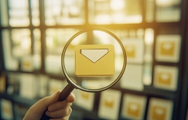 Magnifying glass focusing on a yellow envelope icon