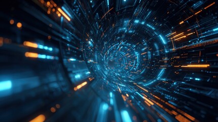 Fototapeta premium Futuristic Digital Data Tunnel with Glowing Lights and Dynamic Motion Effect.