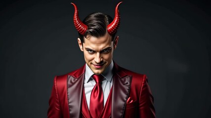  Smirking man in red suit with devil horns on dark background, mischievous concept - Powered by Adobe