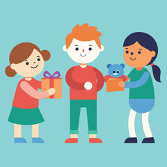 A happy cartoon family with a smiling mother, father, boy, and girl child enjoys fun activities together, a joyful illustration of love