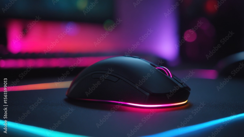 Poster gaming computer mouse with colorful rgb lighting on a dark gaming desk setup.