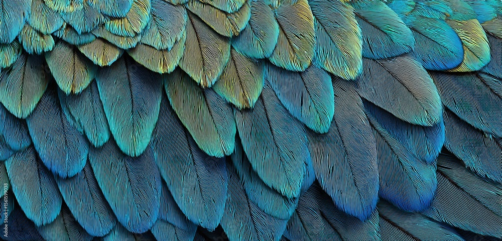Poster a detailed close up of vibrant blue and green feathers creating a textured background pattern